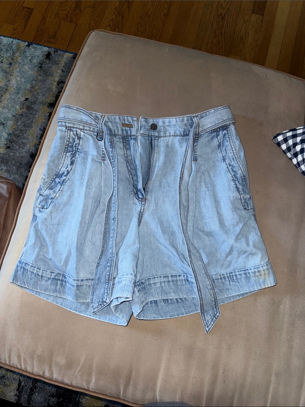 LOFT Light Blue High-Waist Denim Shorts with Self-Tie Belt